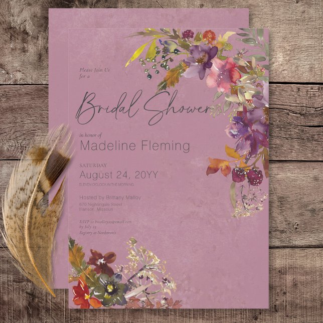 Convite Chá de panela Rustic Boho Jewel Tone Plum Florals (Rustic Boho Jewel Tone Plum Florals Bridal Shower Invitation)