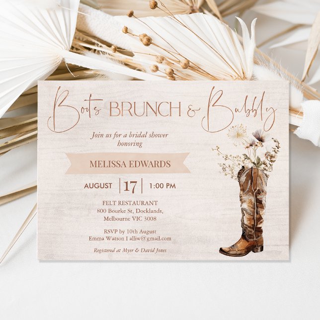 Convite Chá de panela Rustic Brown Boot Brunch Bubbles (Rustic Boot Brunch Bridal Shower Invitation Template, Floral Cowgirl Boot Bridal Shower Invitation)