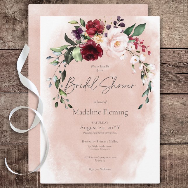 Convite Chá de panela Rustic Burgundy & Blush Pink Roses (Rustic Burgundy & Blush Pink Roses Bridal Shower Invitation)