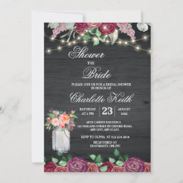 Convite Chá de panela Rustic Burgundy Mason Jar Lights