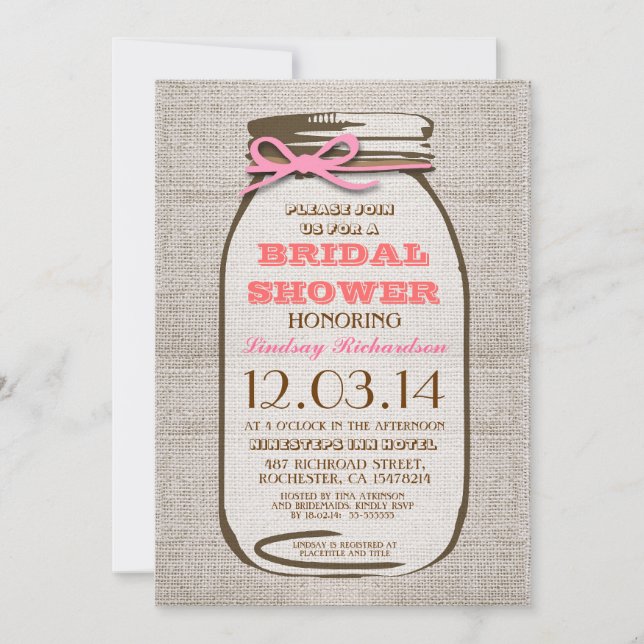 Convite Chá de panela Rustic Burlap Mason Jar (Frente)