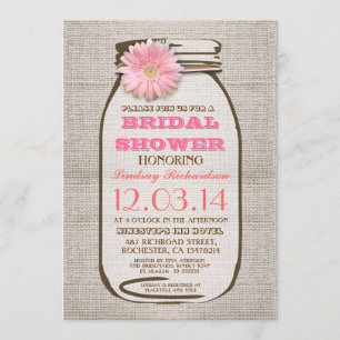 Convite Chá de panela Rustic Burlap Mason Jar Pink Gerbera