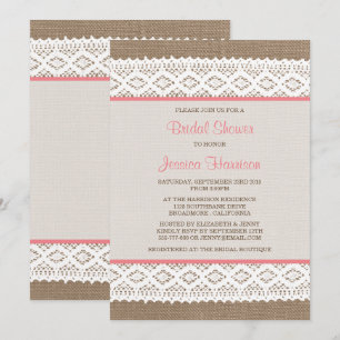 Convite Chá de panela Rustic Burlap & Vintage White Lace