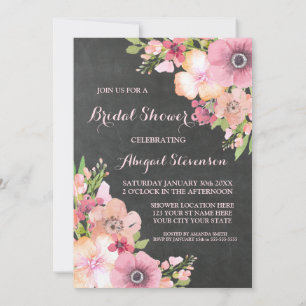 Convite Chá de panela Rustic Chalkboard Pink Flowers