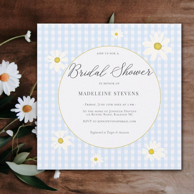 Convite Chá de panela Rustic Daisies Baby Blue Gingham (rustic daisies blue gingham bridal shower invitation backyard boho elegant garden modern simple)