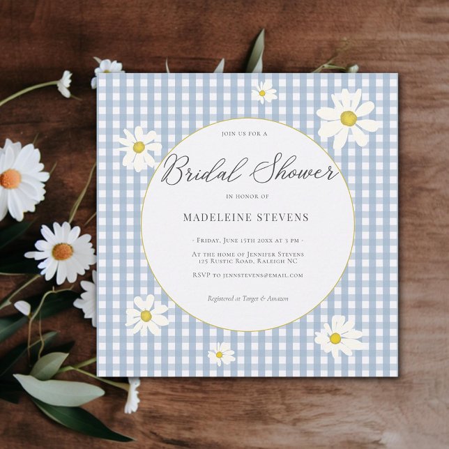 Convite Chá de panela Rustic Daisies Dusty Blue Gingham (rustic daisies dusty blue gingham bridal shower invitation modern elegant classy simple backyard)
