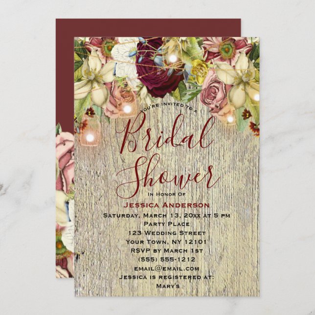 Convite Chá de panela Rustic Floral Botânica Burgundy (Frente/Verso)