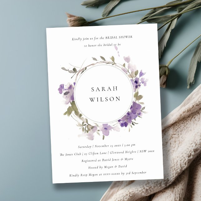 Convite Chá de panela Rustic Meadow Lilac Floral Wreath (Criador carregado)