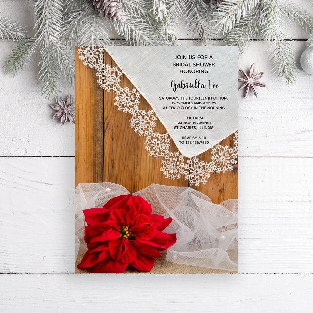 Convite Chá de panela Rustic Poinsettia e Lace Winter (Invite guests to your wintery December celebration with this rustic Bridal Shower Invitation. )