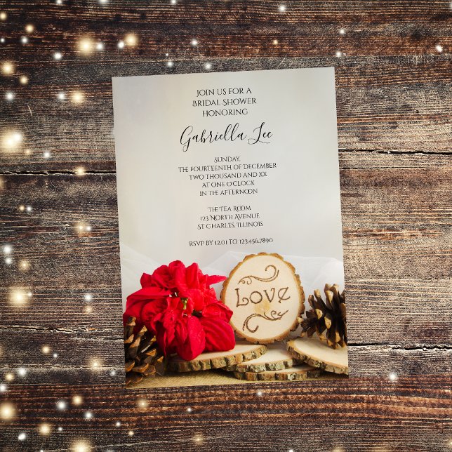 Convite Chá de panela Rustic Poinsettia Woodland Winter (Perfect inspo for your rustic wintery bridal shower!)