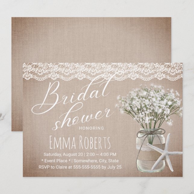 Convite Chá de panela Rustic Starfish Floral Jar Vintage (Frente/Verso)