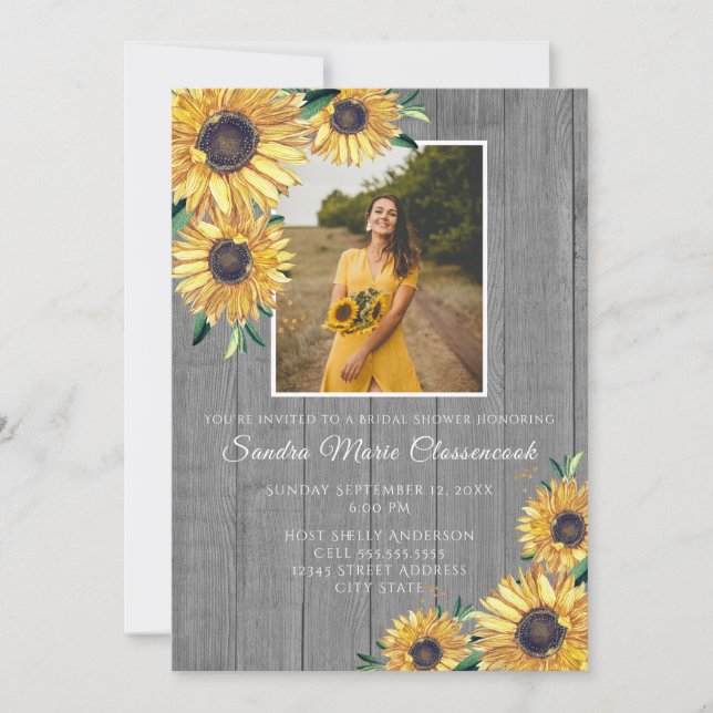 Convite Chá de panela Rustic Sunflower Cinza Wood (Frente)
