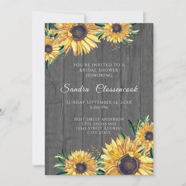 Convite Chá de panela Rustic Sunflower Cinza Wood (Frente)