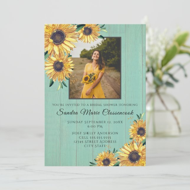Convite Chá de panela Rustic Sunflower Sage Wood (Em pé/Frente)