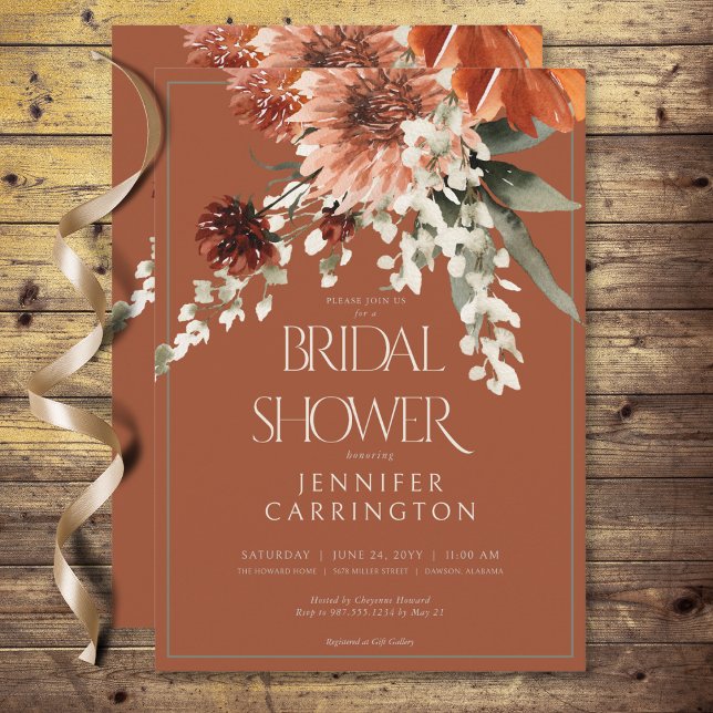 Convite Chá de panela Rustic Terracotta Rust Flowers (Rustic Terracotta Rust Flowers Bridal Shower Invitation)