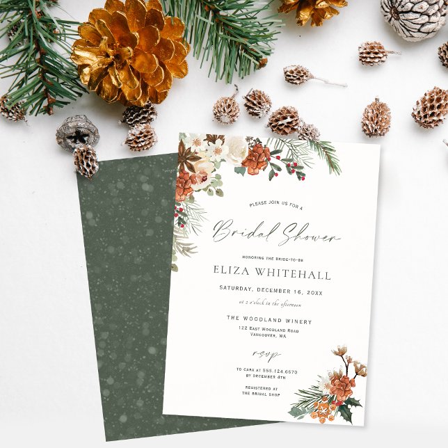 Convite Chá de panela Rustic Winter Holiday Greenery Pine (Winter Bridal shower Invitation, Rustic greenery, Christmas bridal)