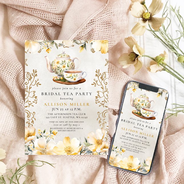 Convite Chá de panela Rustic Yellow Floral Tea Party (Rustic Yellow Floral Tea Party Bridal Shower Invitation)