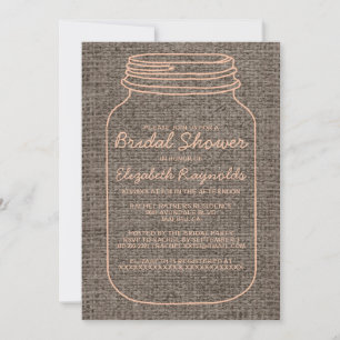 Convite Chá de panela Rústico Coral Burlap Mason Jar Con