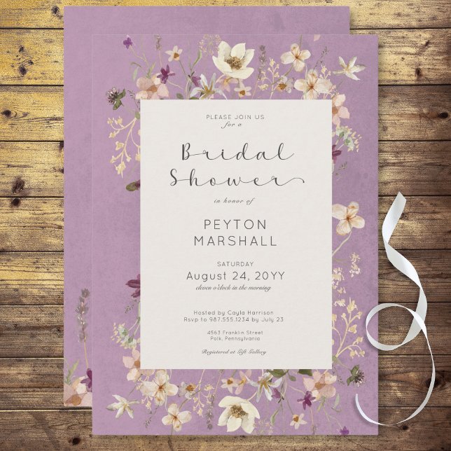 Convite Chá de panela Rústico de Flor Selvagem Roxo (Rustic Purple Wildflower Frame Bridal Shower Invitation)