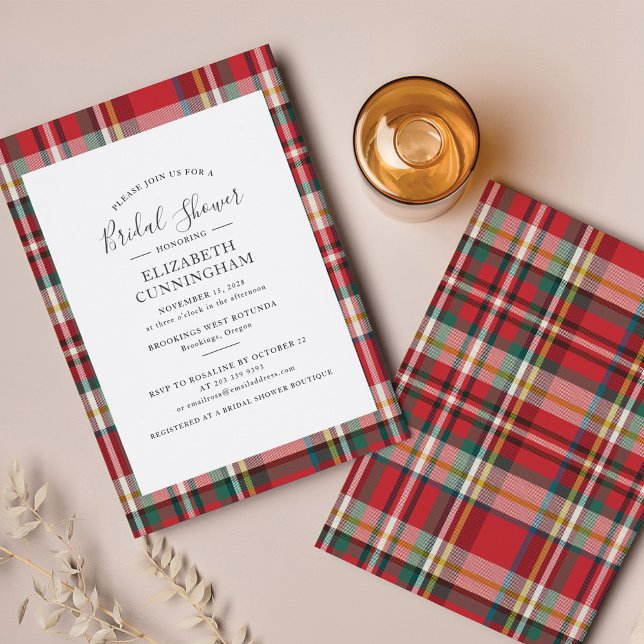 Convite Chá de panela Rústico de Xadrez Elegante (Plaid Red Check Bridal Shower Invitation)
