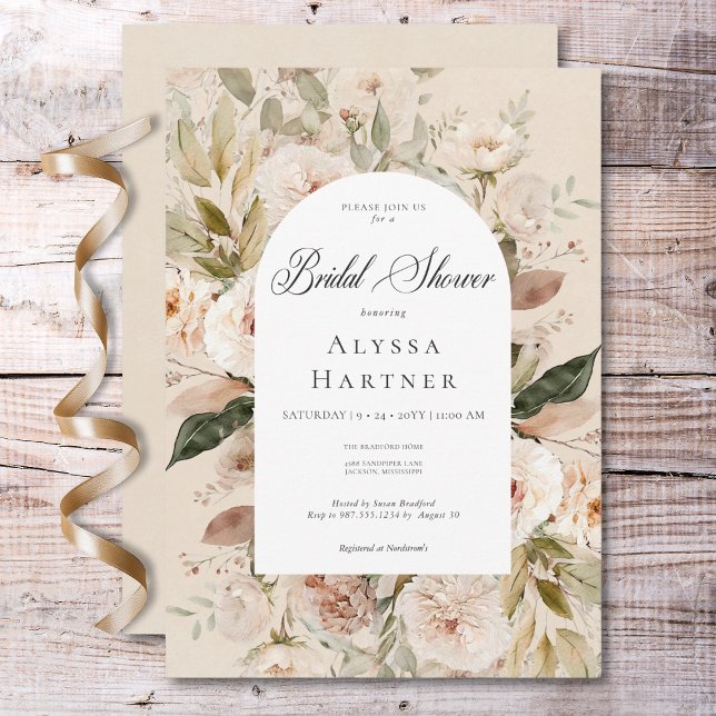 Convite Chá de panela Rústico Neutro Do Creme Floral (Rustic Neutral Tan Cream Floral Arch Bridal Shower Invitation)
