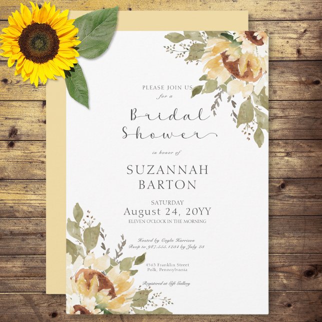 Convite Chá de panela Rústico Suave de Linguados Amarelos  (Soft Rustic Large Yellow Sunflowers Bridal Shower Invitation)