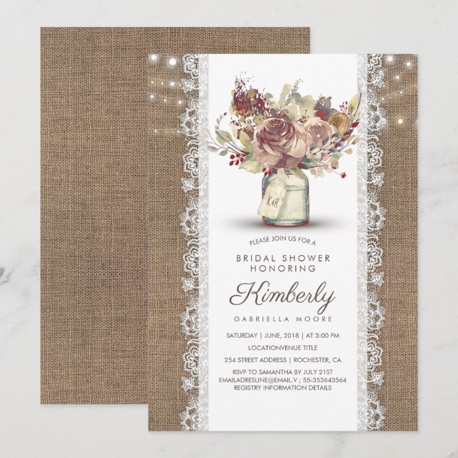 Convite Chá de panela Rústico Vintage Mason Jar Burlap Lac (Frente/Verso)