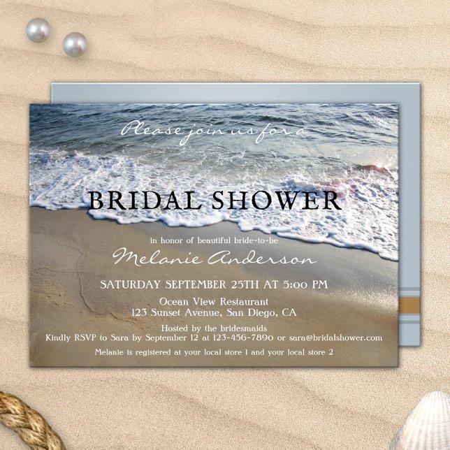 Convite Chá de panela Simple Beach Elegante (Elegant yet simple bridal shower invitation featuring waves on the beach)