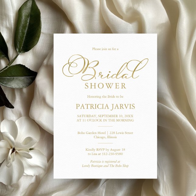 Convite Chá de panela Simples Elegante de Script Gold Foil (Criador carregado)
