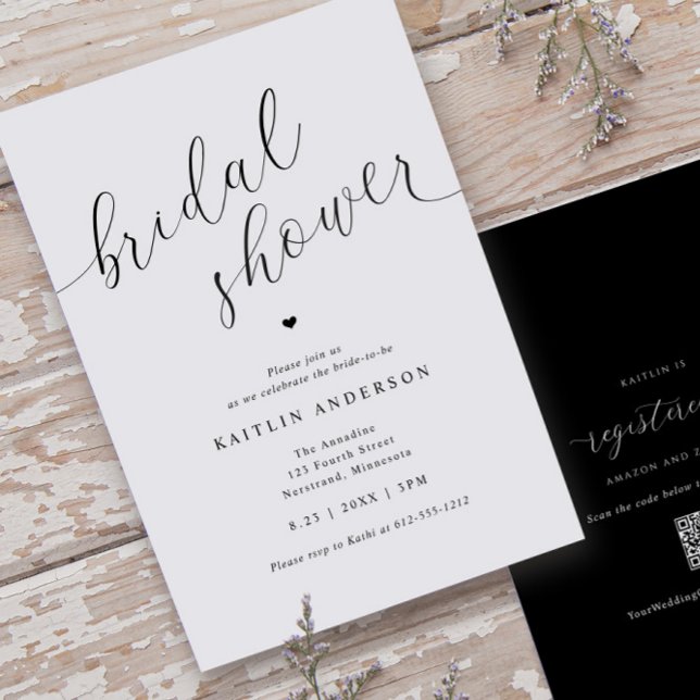 Convite Chá de panela Simples Moderno (Modern Bridal Shower Invitations - Black and White Calligraphy - Registry on Back)