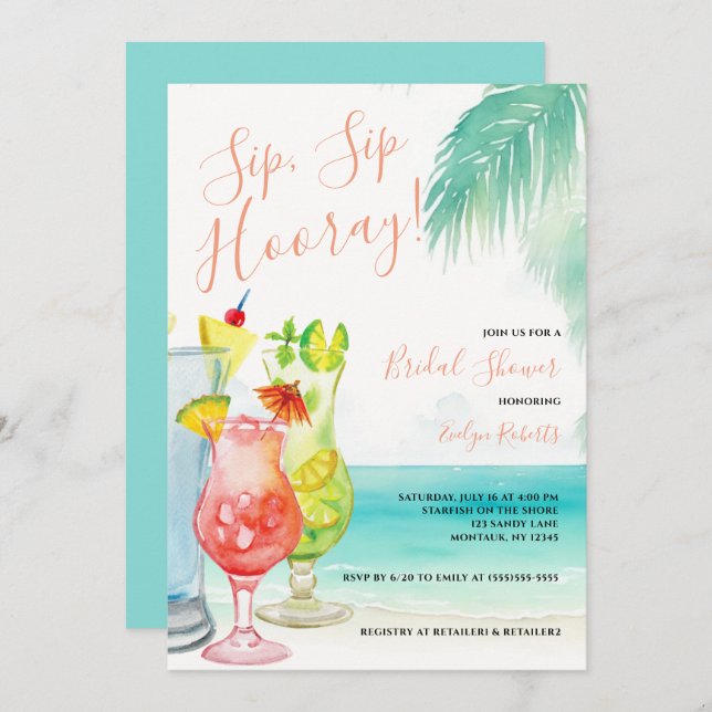 Convite Chá de panela Sip Sip Hooray Tropical Cocktails (Frente/Verso)
