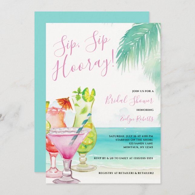 Convite Chá de panela Sip Sip Hooray Tropical Cocktails (Frente/Verso)