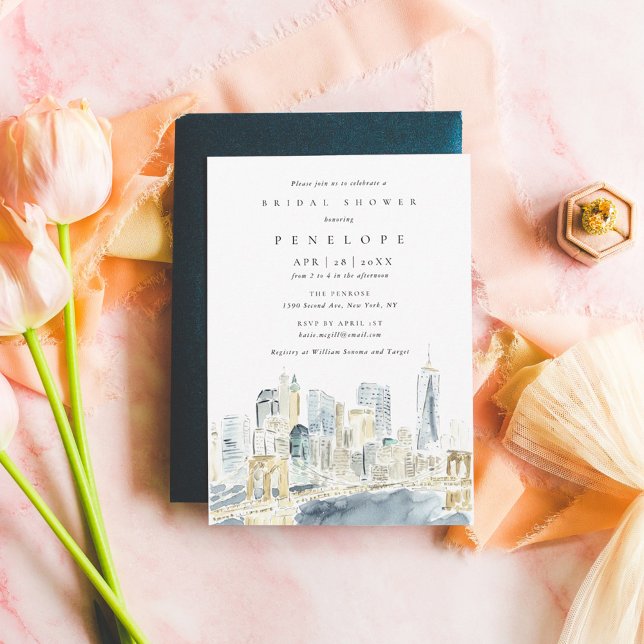 Convite Chá de panela Skyline Nova Iorque de Aquarela (New York City skyline watercolor bridal shower invitation.)
