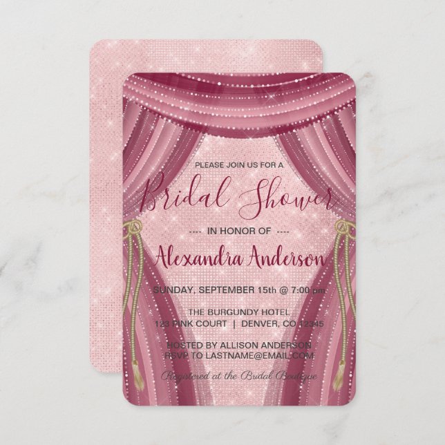 Convite Chá de panela Sparkle Cor-de-rosa e Borgonha (Frente/Verso)