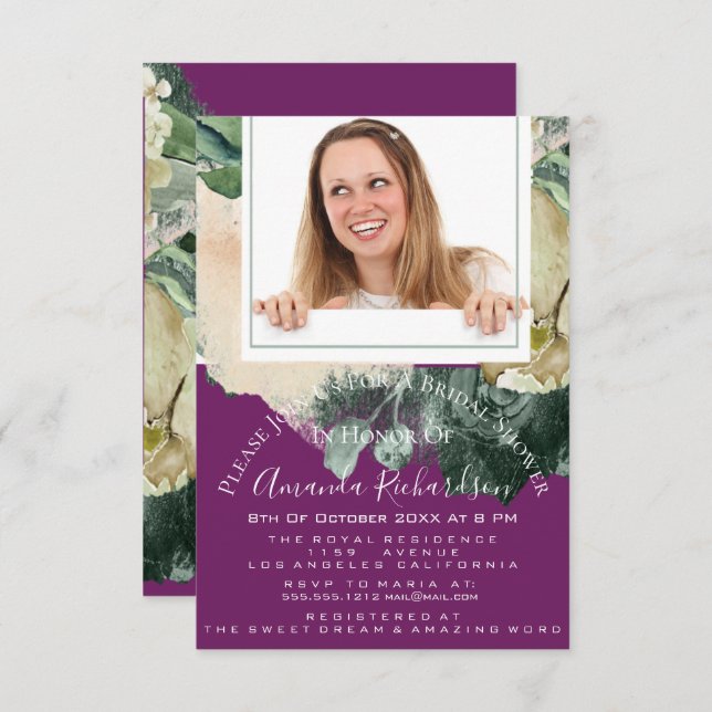 Convite Chá de panela Sweet 16ª Foto Marsala Mint Floral (Frente/Verso)