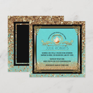 Convite Chá de panela Tea Party Blue Dourado