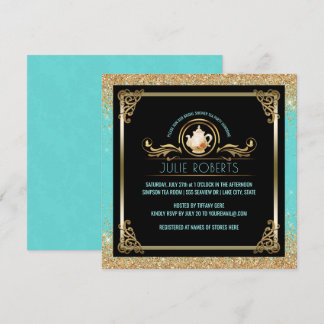 Convite Chá de panela Tea Party Blue Dourado Glitter