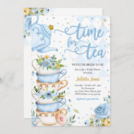 Convite Chá de panela Tea Party Blue E Dourado Floral