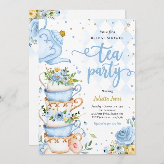 Convite Chá de panela Tea Party Blue E Dourado Floral (Frente/Verso)