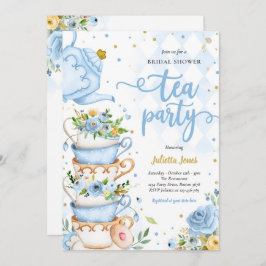Convite Chá de panela Tea Party Blue E Dourado Floral