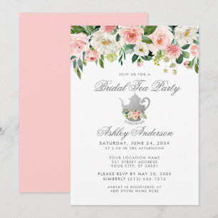 Convite Chá de panela Tea Party Floral Pink Silver Convit