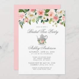 Convite Chá de panela Tea Party Floral Pink Silver Invite
