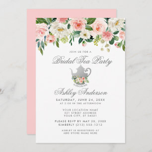 Convite Chá de panela Tea Party Floral Pink Silver Invite