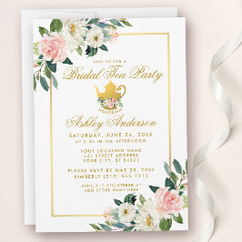 Convite Chá de panela Tea Party Rosa Dourado Floral 