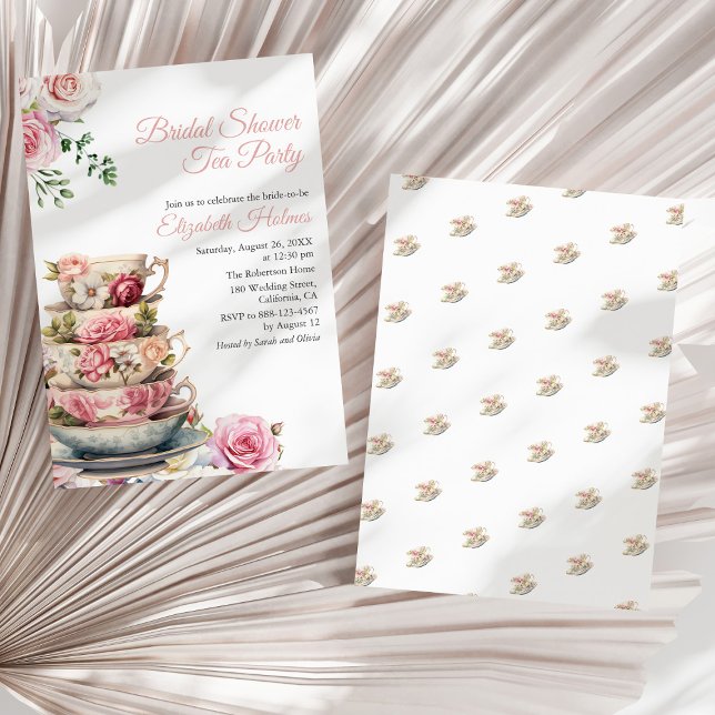 Convite Chá de panela Teacup Floral Rosa Blush Tea Brunch (Blush Pink Floral Teacup Bridal Shower Tea Brunch Invitation on a sunny white dry palm leaf.)