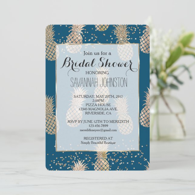 Convite Chá de panela Teal Dourado Glam Tropical de Ananás (Em pé/Frente)