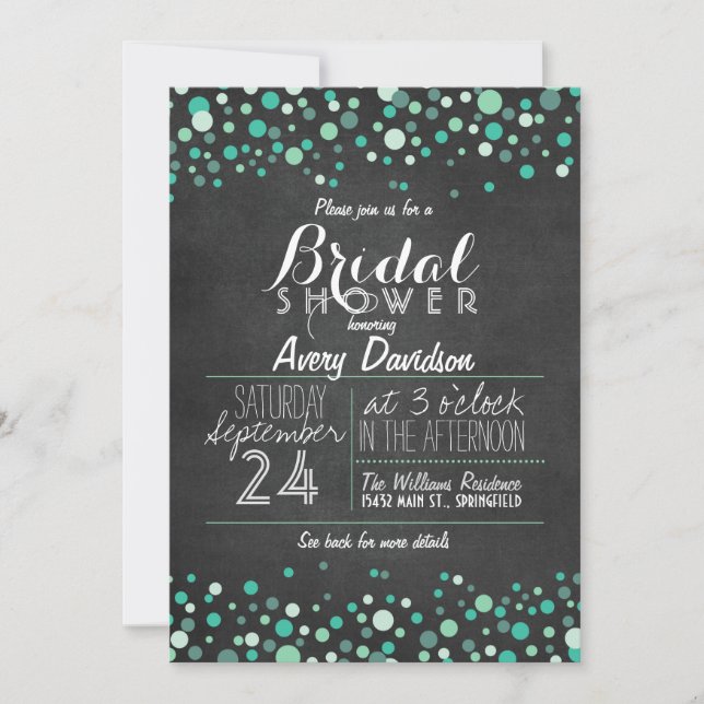 Convite Chá de panela Teal Green Confetti Chalkboard (Frente)
