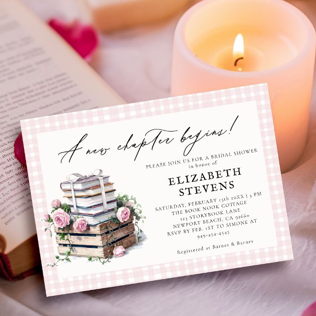 Convite Chá de panela Tema do Livro Rosas Russos Novo Capí (book theme bridal shower invitation book lover bookish rustic roses gingham pink watercolor)