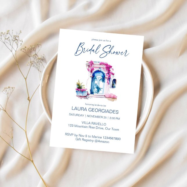 Convite Chá de panela temático Bougainvillea Mediterrânica (Bougainvillea Mediterranean blue themed bridal shower editable template Invitation digital download)