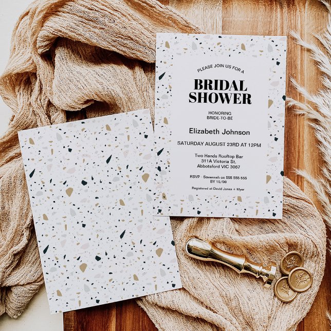 Convite Chá de panela Terrazzo Moderno Colorido (Light colored terrazzo themed bridal shower invitation featuring some black text and off white frame)